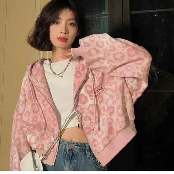 Women's Pink Leopard Zip Up Hoodie Sweatshirt Cropped Jacket Size L #R430 - Picture 5 of 5
